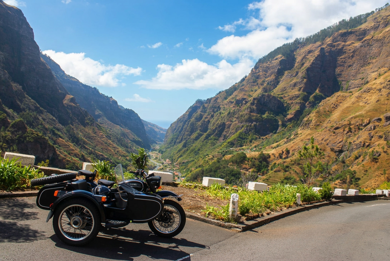 URAL motorbike with sidecar overlooking Madeira's mountain valley